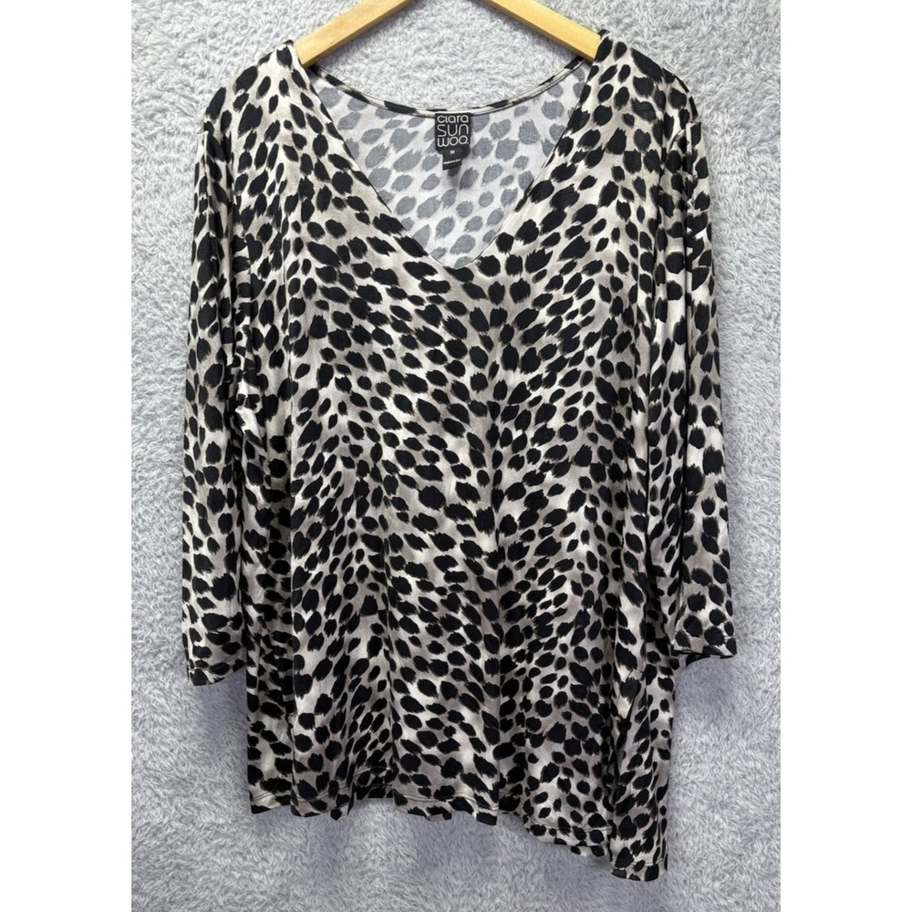 Clara Sun Woo XL Top Asymmetrical Hem Animal Print V Neck Ruffle Slv Fluid 1X